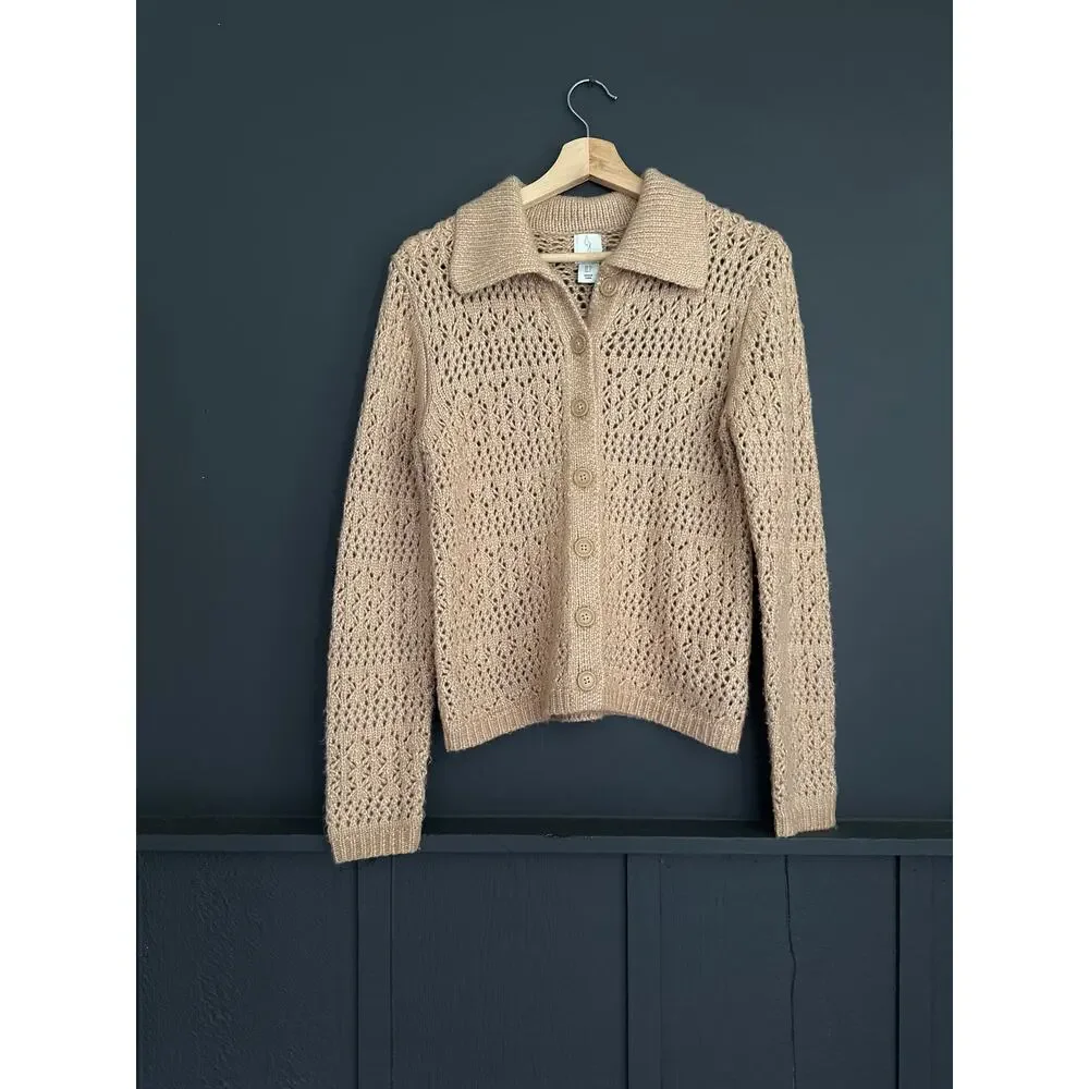 Joie Crochet Open Knit Collared Button Down Cardigan Sweater Tan Size Small